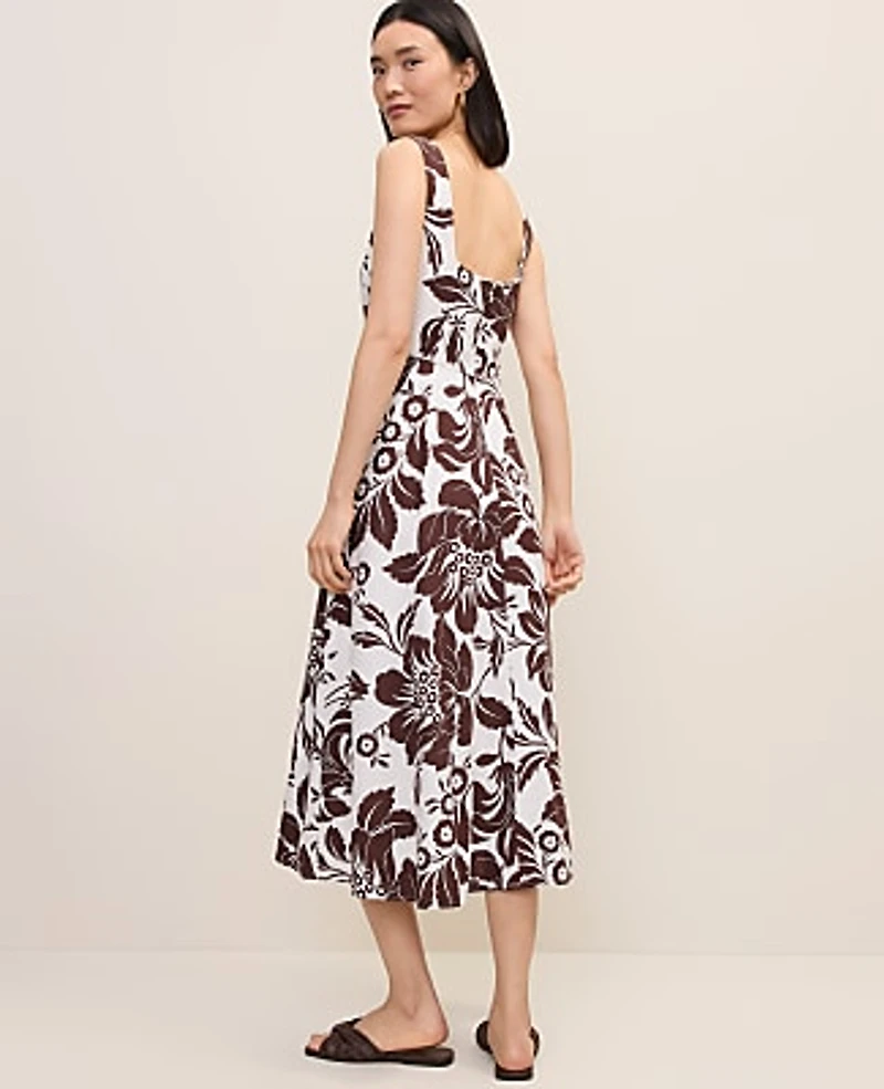 Ann Taylor Floral Flare Midi Dress Linen Blend Rich Walnut Women's