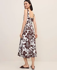 Ann Taylor Floral Flare Midi Dress Linen Blend Rich Walnut Women's