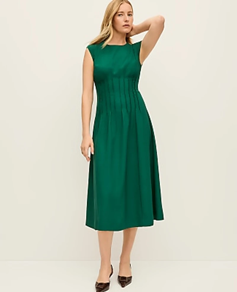 Ann Taylor Pintuck Flare Midi Dress Shade Tree Women's