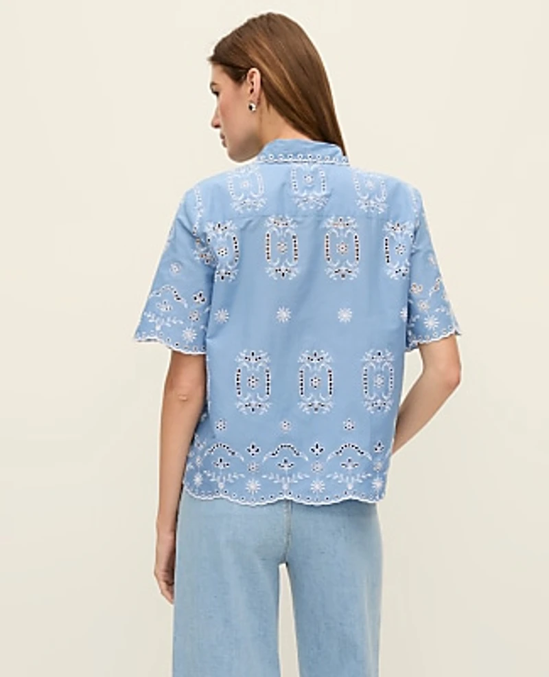Ann Taylor Weekend Eyelet Blouse Blue/White Combo Women's