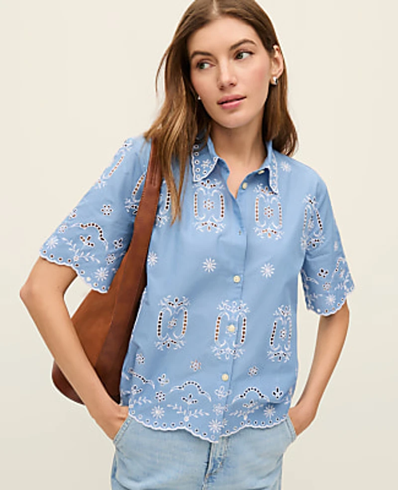 Ann Taylor Weekend Eyelet Blouse Blue/White Combo Women's