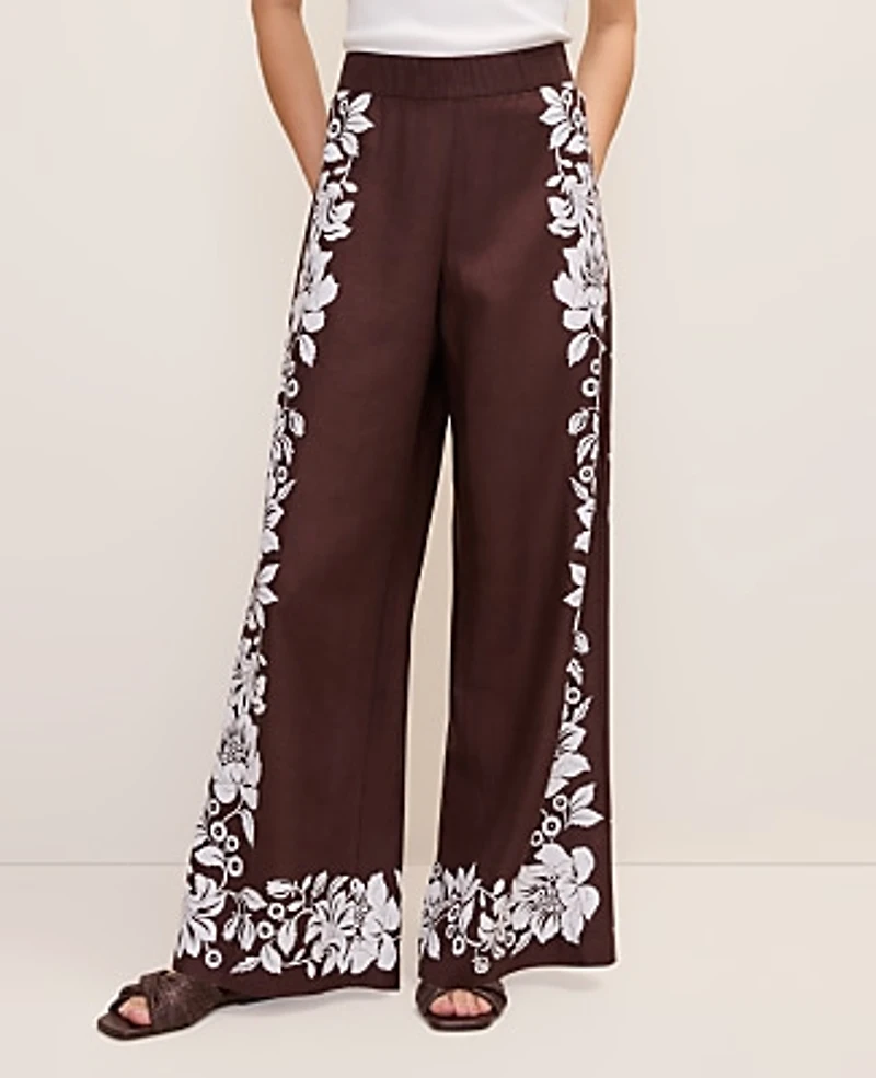 Ann Taylor The Easy Wide-Leg Pant Floral Linen Blend Rich Walnut Women's