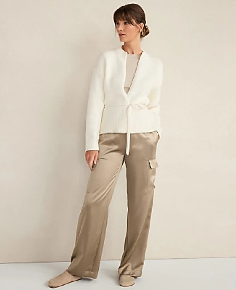 Ann Taylor Haven Well Within Chunky Cotton Blend Belted Cardigan Ivory Women's