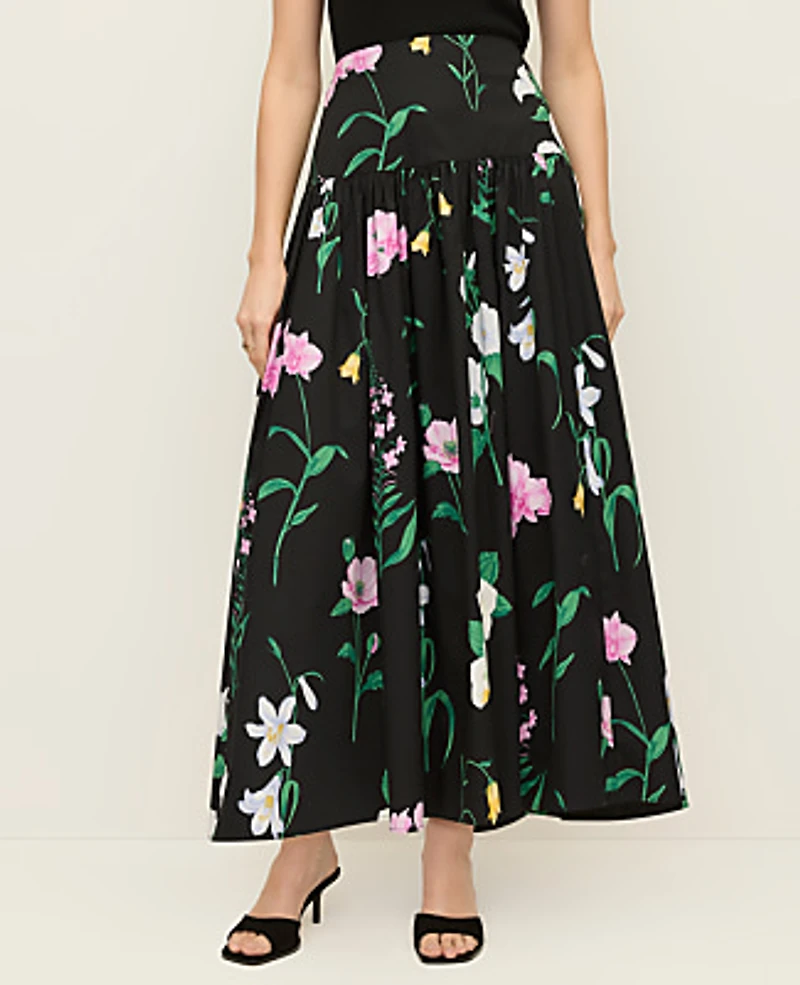 Ann Taylor Floral Gathered Maxi Skirt Size 2 Black Women's