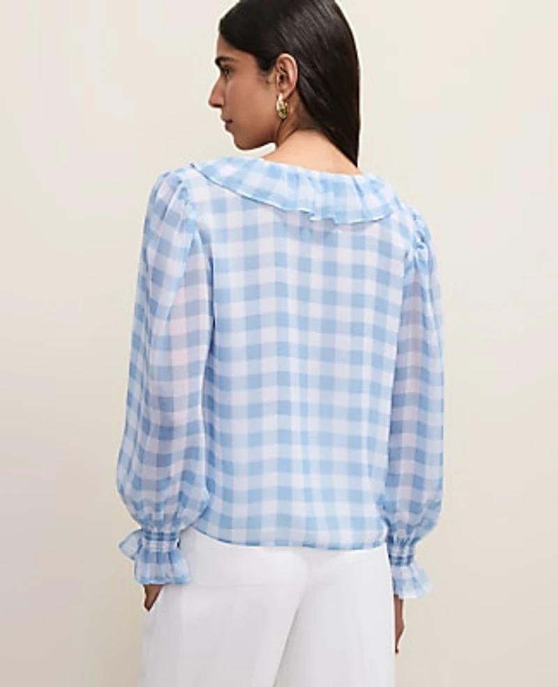 Ann Taylor Gingham Ruffle Trim Blouse Sea Haze Women's