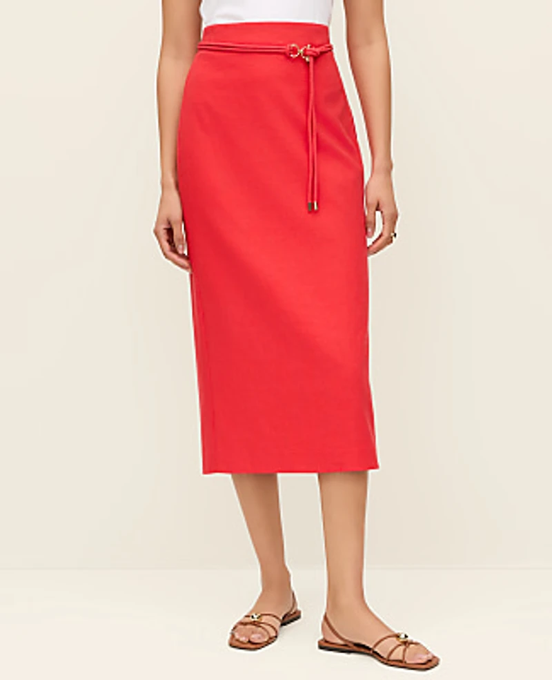Ann Taylor Petite Belted Midi Pencil Skirt in Linen Blend Size 00 Smoldering Red Women's