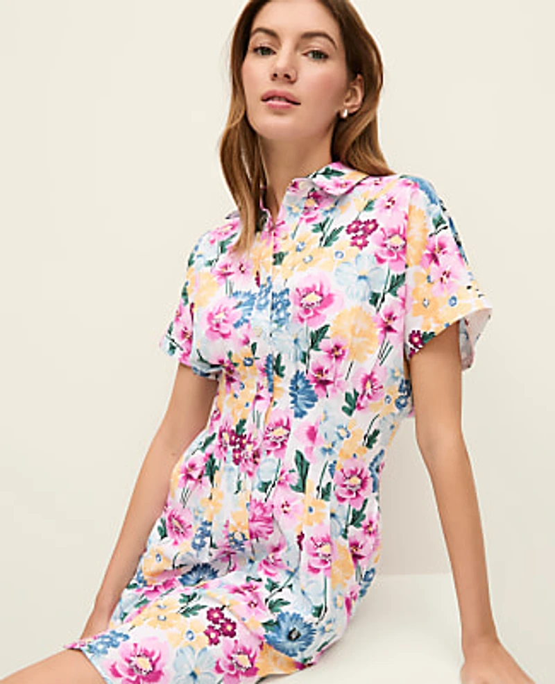 Ann Taylor Weekend Floral Linen Blend Shirtdress Size 8 Women's