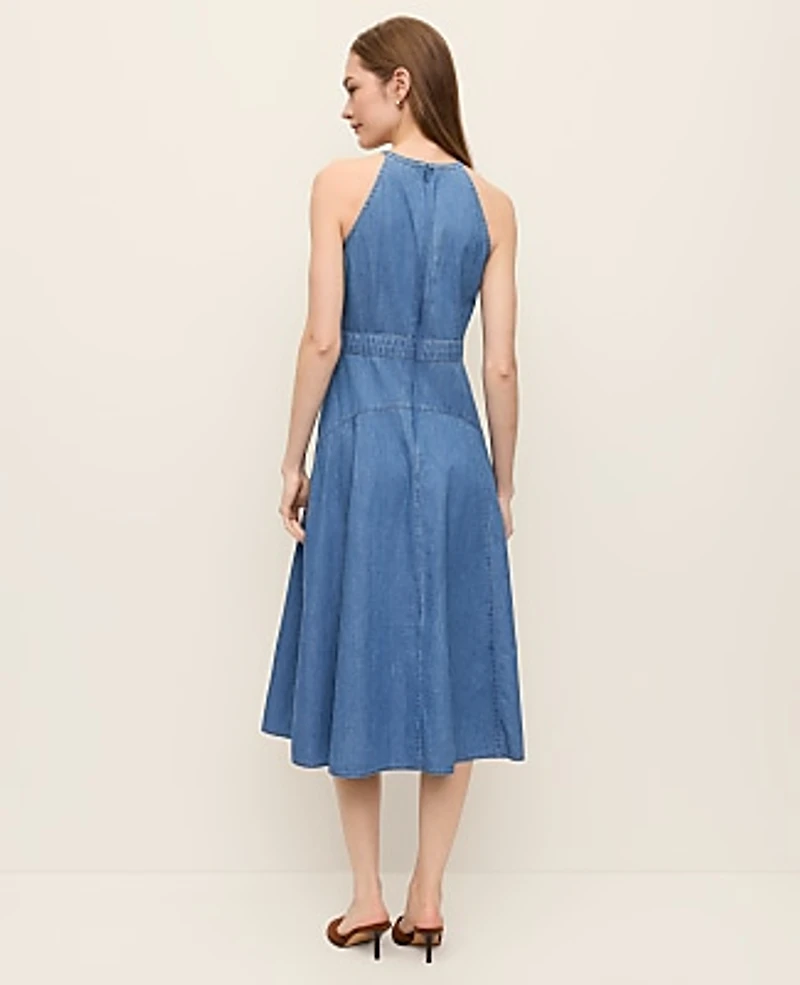 Ann Taylor Halter Flare Midi Dress Chambray Light Indigo Wash Women's