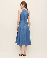 Ann Taylor Halter Flare Midi Dress Chambray Light Indigo Wash Women's