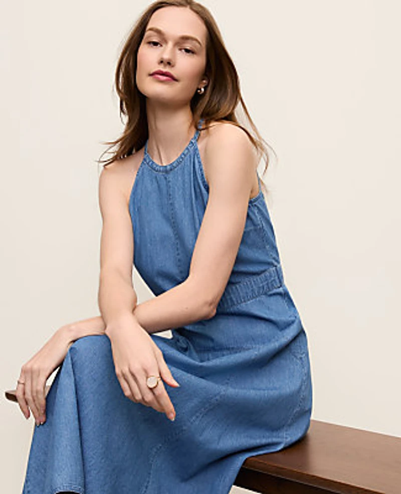 Ann Taylor Halter Flare Midi Dress Chambray Light Indigo Wash Women's