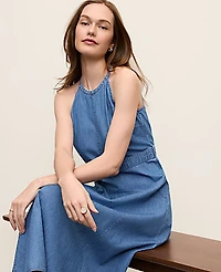 Ann Taylor Halter Flare Midi Dress Chambray Light Indigo Wash Women's