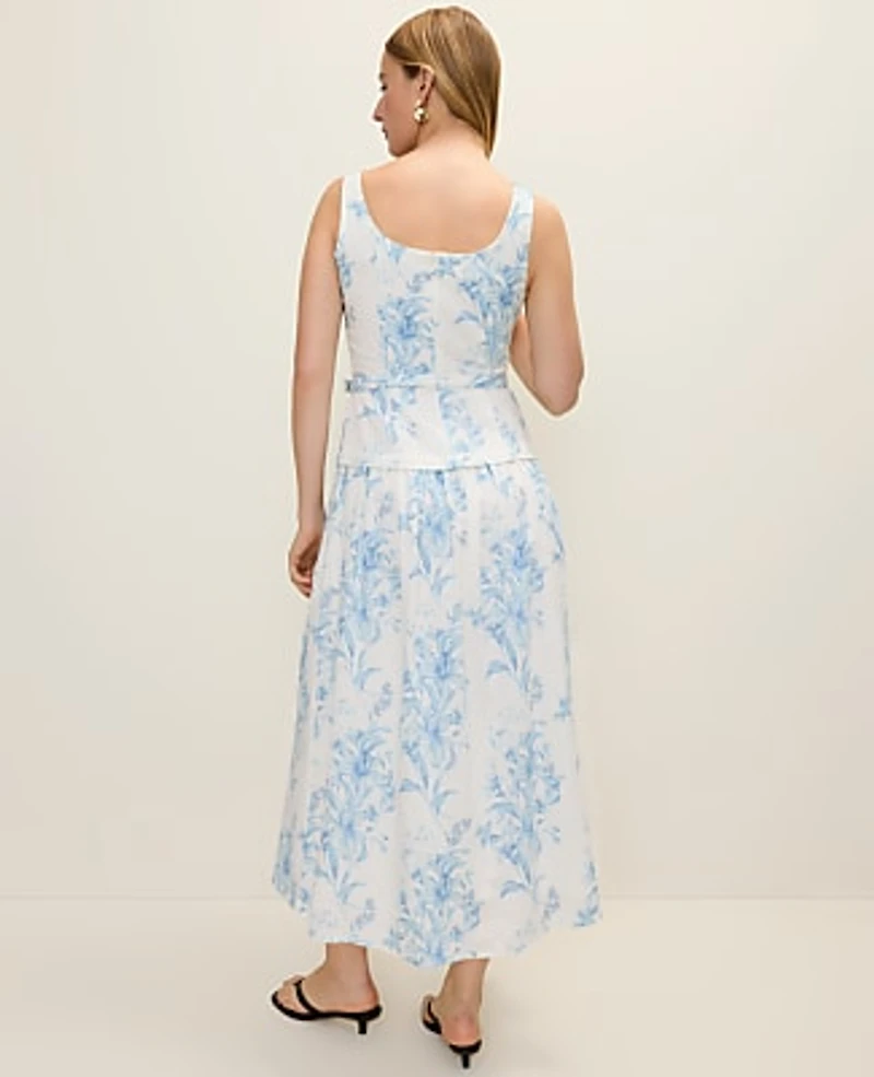 Ann Taylor Petite Floral Belted Flare Midi Dress White-Blue Women's