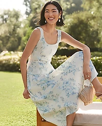 Ann Taylor Petite Floral Belted Flare Midi Dress White-Blue Women's
