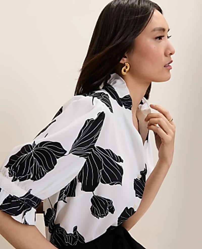Ann Taylor Floral Ruffle Collar Shirt Size XS White Women's