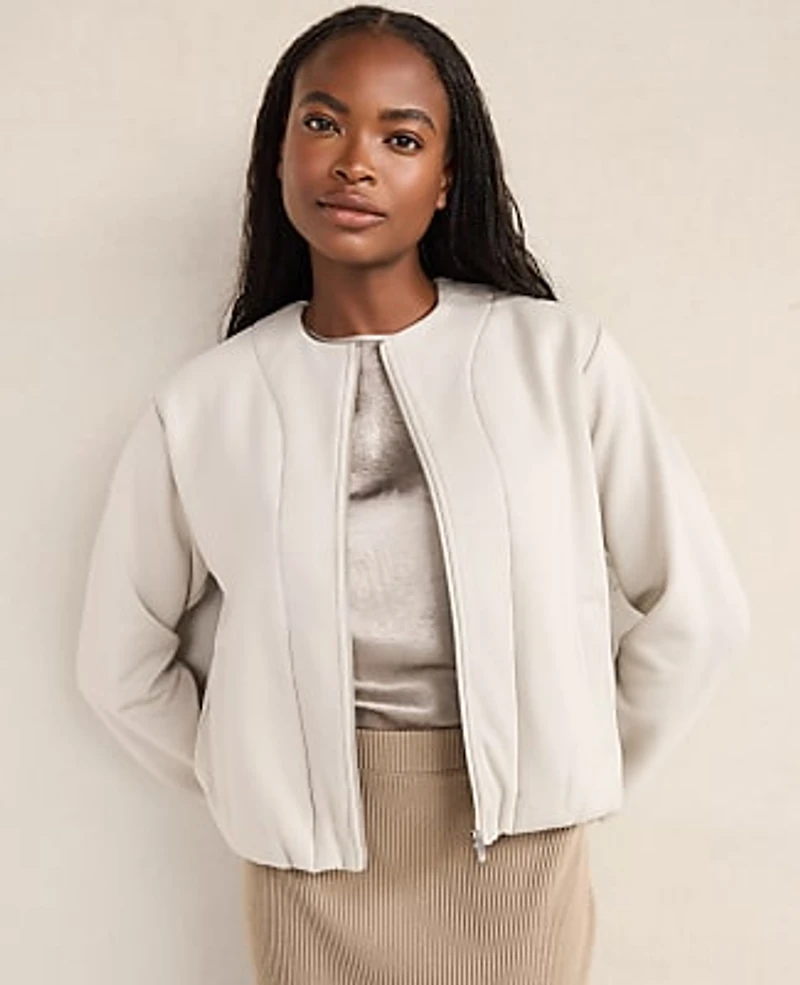 Ann Taylor Haven Well Within Soft-Brushed Fleece Bubble Bomber Oyster Shell Women's