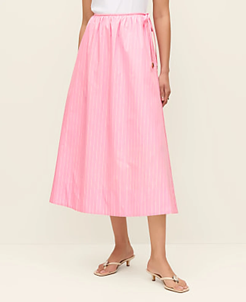 Ann Taylor Petite Striped Tie Waist Midi Skirt Strawberry Lemonade Women's