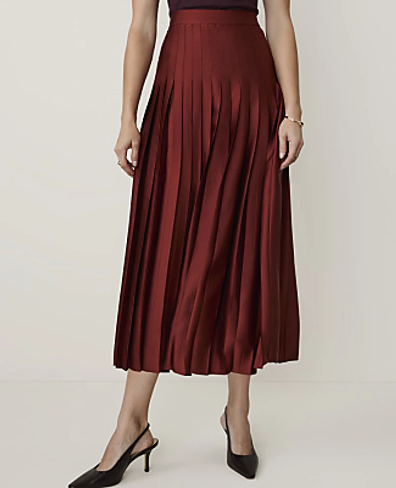 Ann Taylor Satin Pleated Midi Skirt Rich Merlot Women's