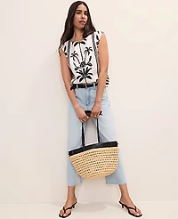 Ann Taylor Palm Tree Crew Neck Top Linen Black Women's