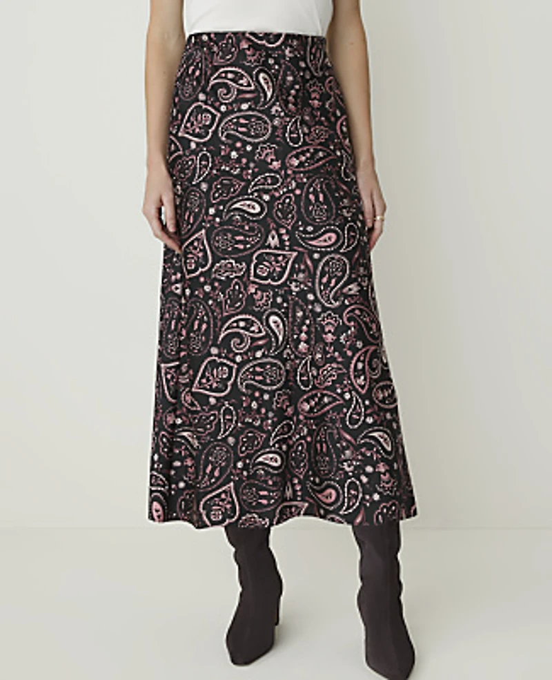 Ann Taylor Paisley Midi Slip Skirt Satin Black Women's