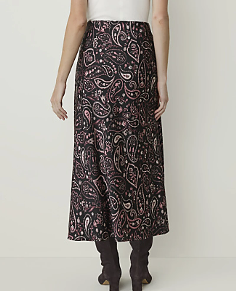 Ann Taylor Paisley Midi Slip Skirt Satin Black Women's