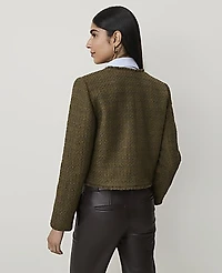 Ann Taylor Cropped Crew Neck Jacket Tweed Olive Sprig Women's
