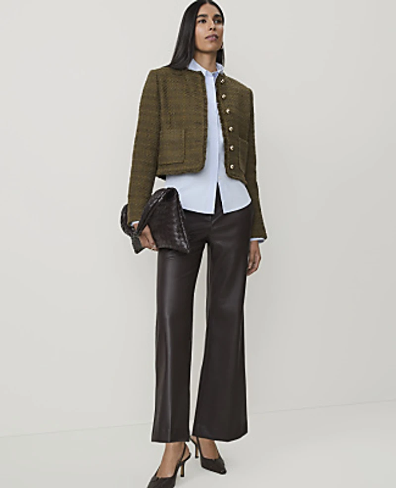 Ann Taylor Cropped Crew Neck Jacket Tweed Olive Sprig Women's