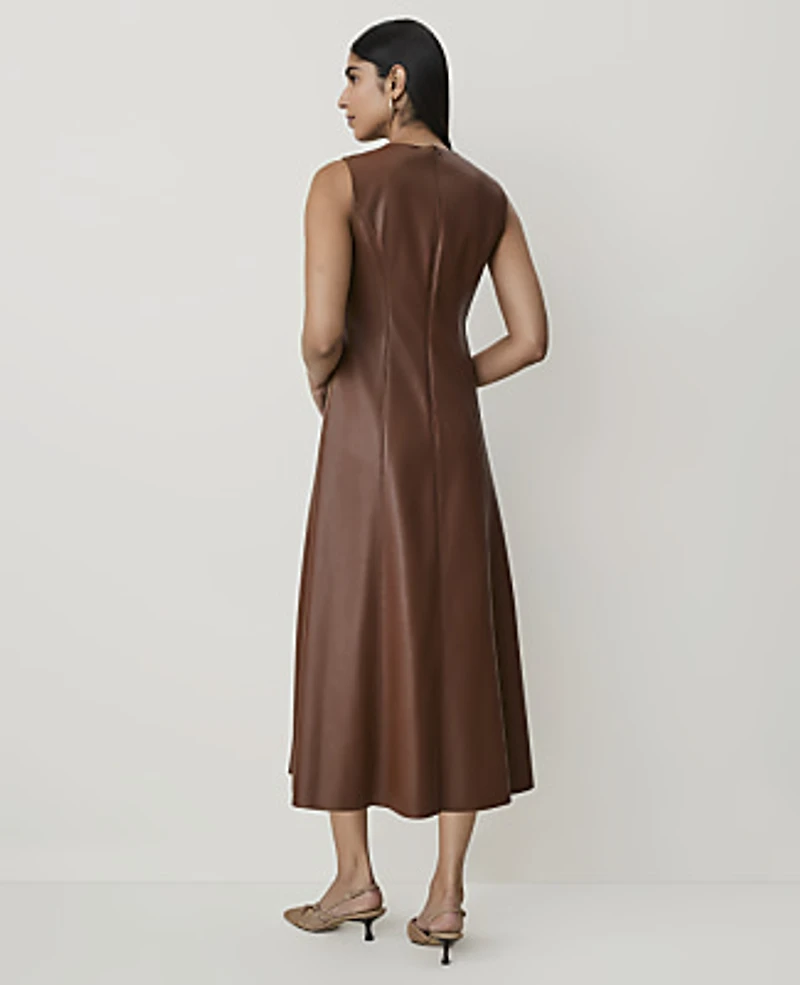 Ann Taylor Faux Leather Flare Midi Dress Midnight Mahogany Women's