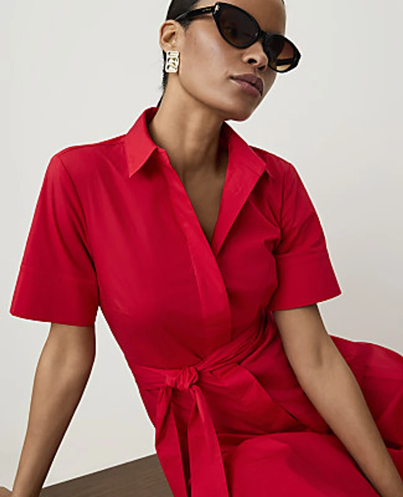 Ann Taylor Collared Flare Midi Shirtdress Bright Poppy Women's