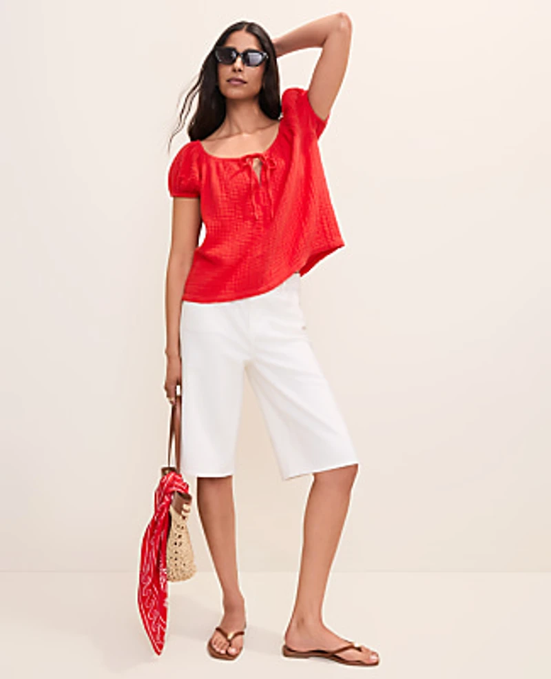 Ann Taylor Gathered Tie Neck Top Bright Cherry Women's