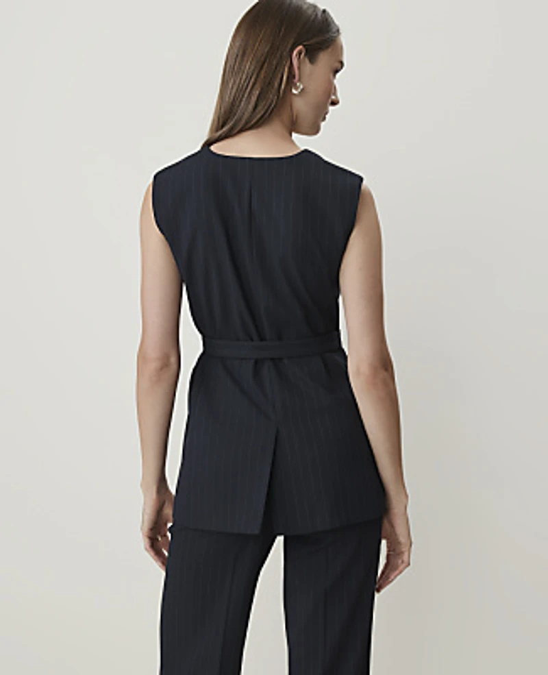Ann Taylor Pinstripe Belted Vest Navy Stripe Women's