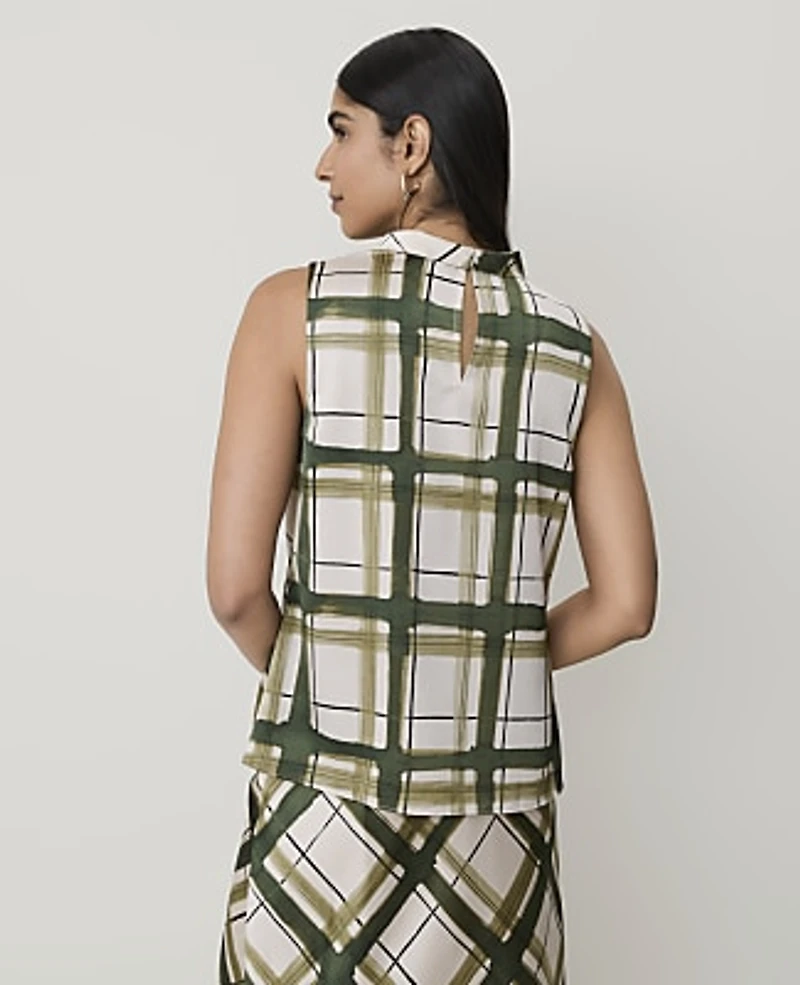 Ann Taylor Plaid Draped Cowl Neck Top Olive Sprig Women's