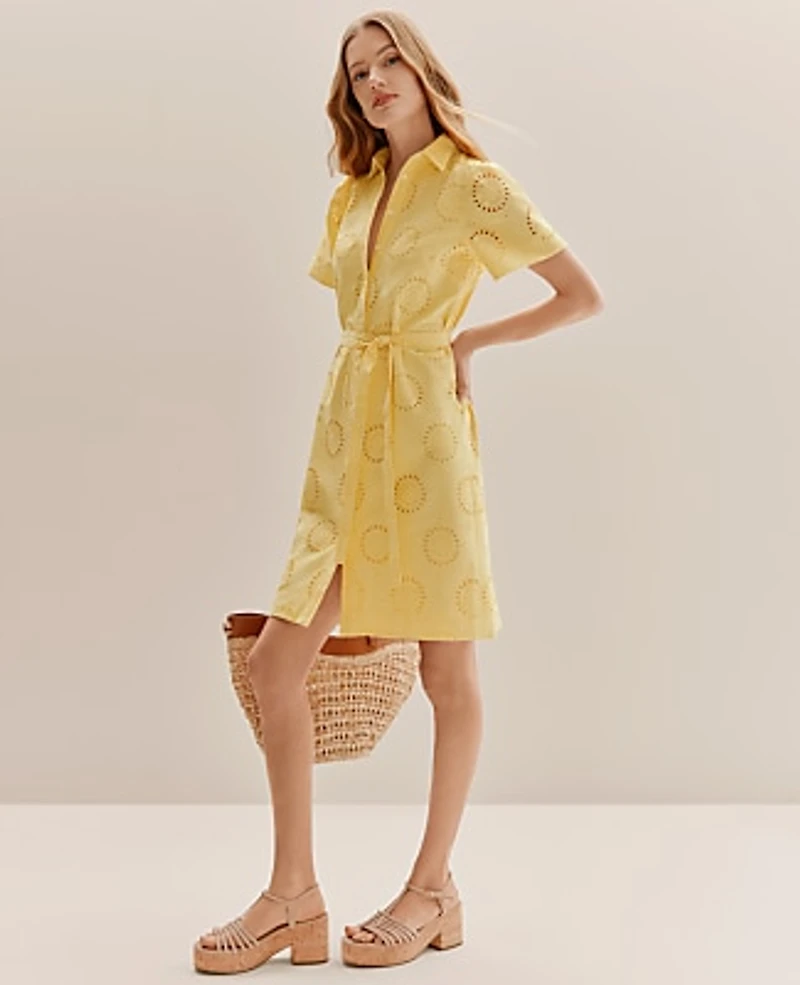 Ann Taylor Weekend Eyelet Shirtdress Size 16 Yellow Hibiscus Women's