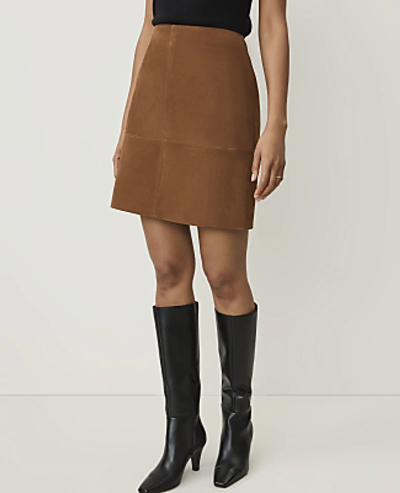 Ann Taylor Seamed A-Line Skirt Genuine Suede Caramel Women's