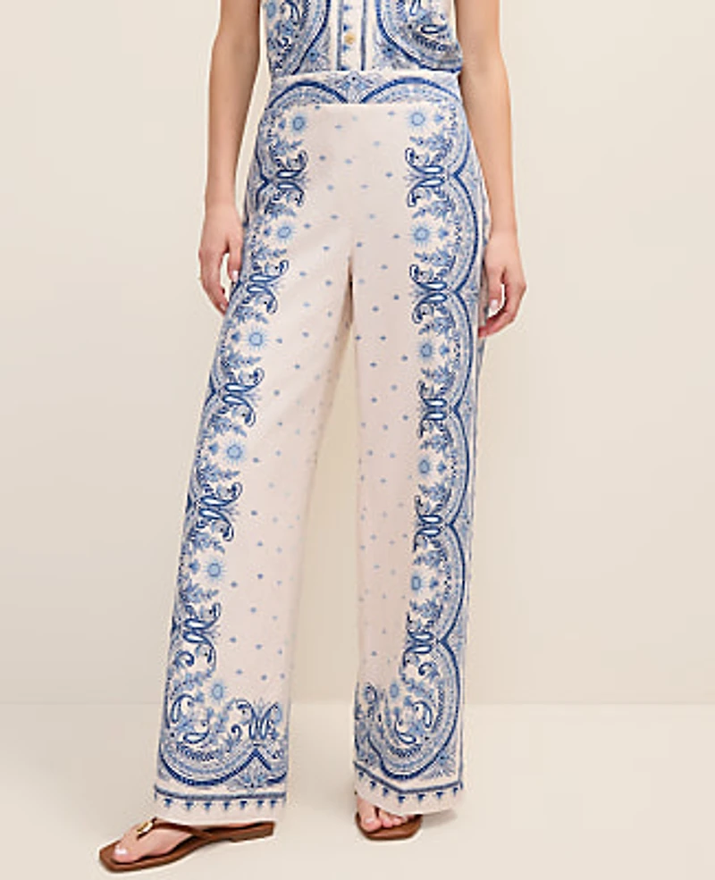 Ann Taylor Petite Weekend Easy Wide-Leg Pant Paisley Linen Blend Ivory Whisper Women's