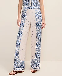 Ann Taylor Petite Weekend Easy Wide-Leg Pant Paisley Linen Blend Ivory Whisper Women's