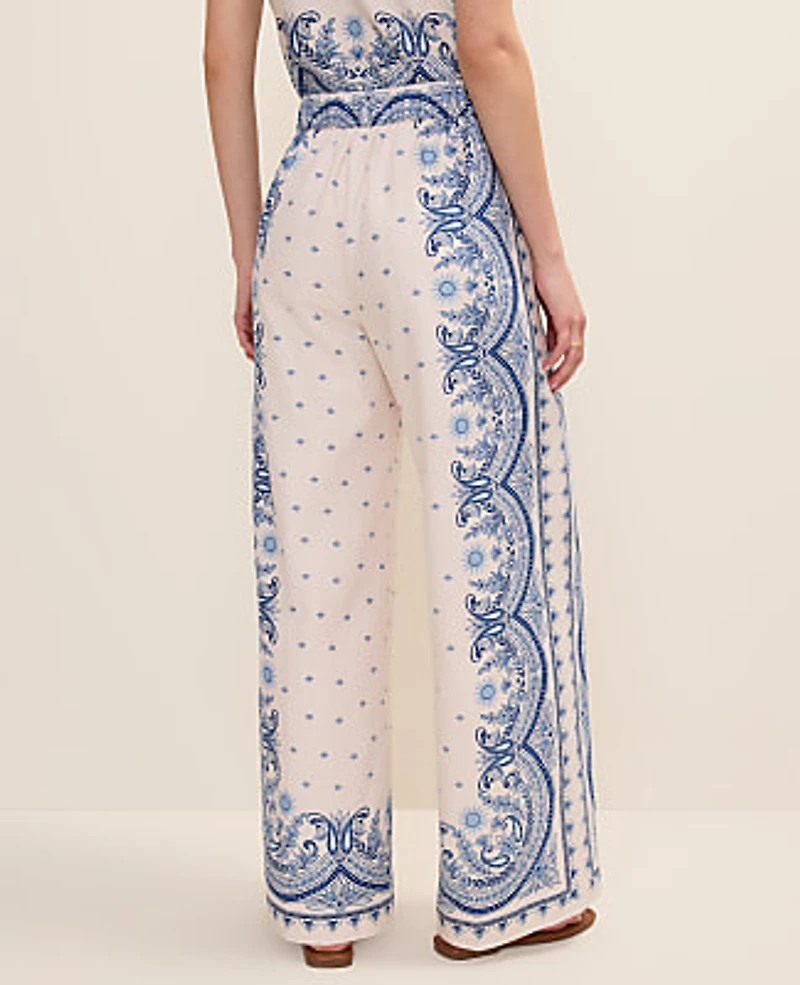 Ann Taylor Petite Weekend Easy Wide-Leg Pant Paisley Linen Blend Ivory Whisper Women's