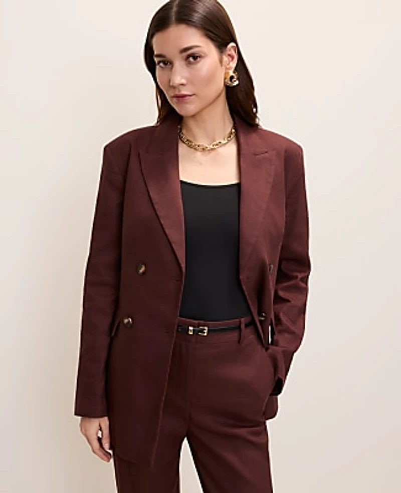 Ann Taylor The Petite Fitted Long Double Breasted Blazer Linen Blend Rich Walnut Women's