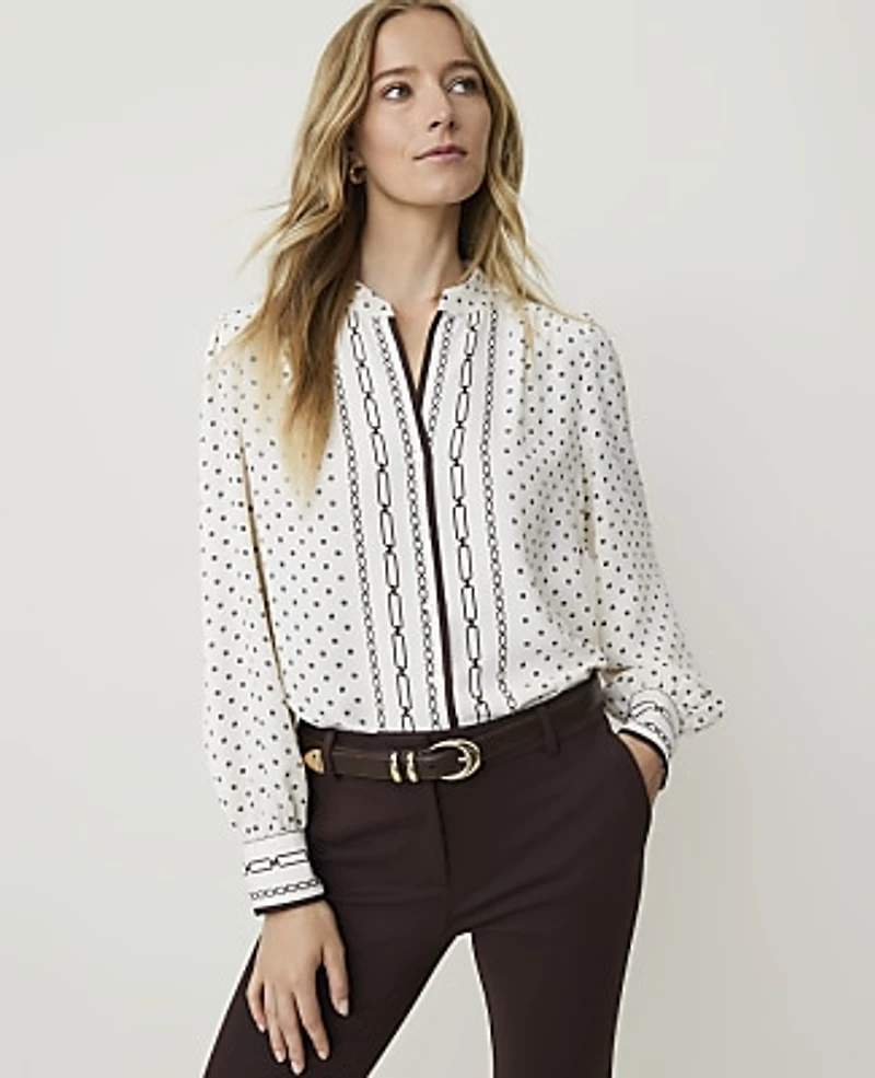 Ann Taylor Geo Print Shirred Blouse Sea Pearl Women's