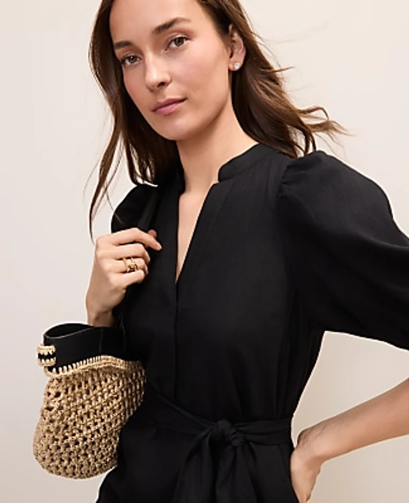 Ann Taylor Puff Sleeve Midi Dress Linen Blend Black Women's
