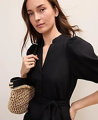 Ann Taylor Puff Sleeve Midi Dress Linen Blend Black Women's