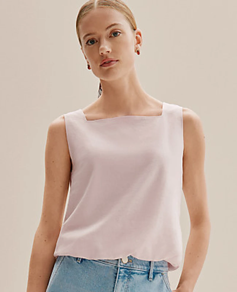 Ann Taylor Weekend Bubble Hem Tank Top Linen Blend Blush Haze Women's