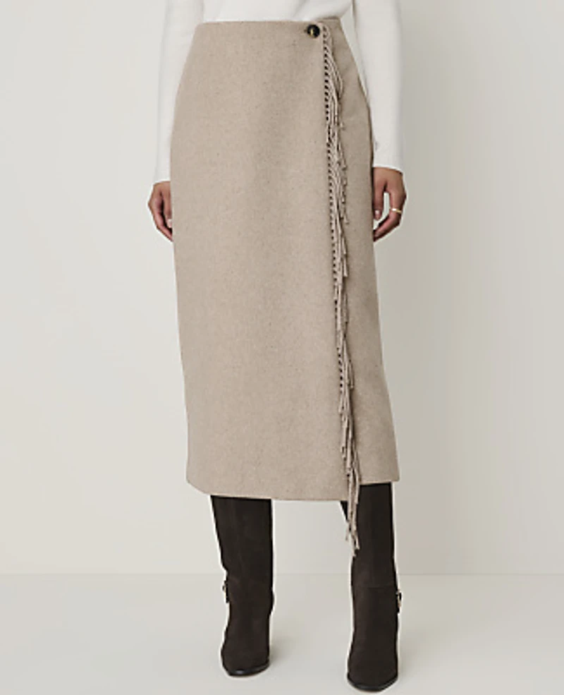 Ann Taylor Fringe Wrap Midi Skirt Soft Mink Melange Women's