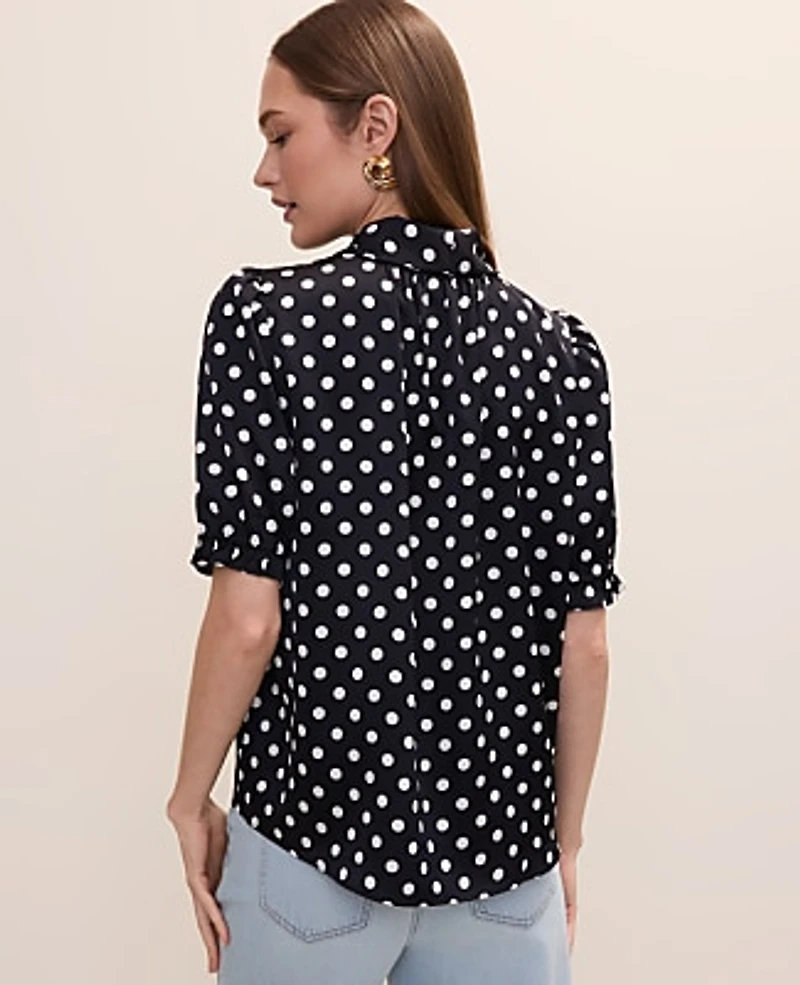 Ann Taylor Polka Dot Bow Blouse Satin Night Sky Women's