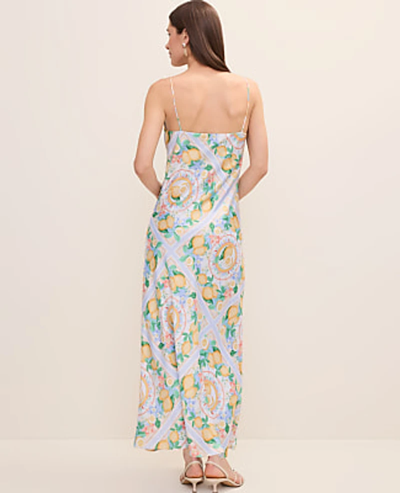 Ann Taylor Petite Lemon Print Cowl Neck Slip Dress Satin Limoni Scarf Women's