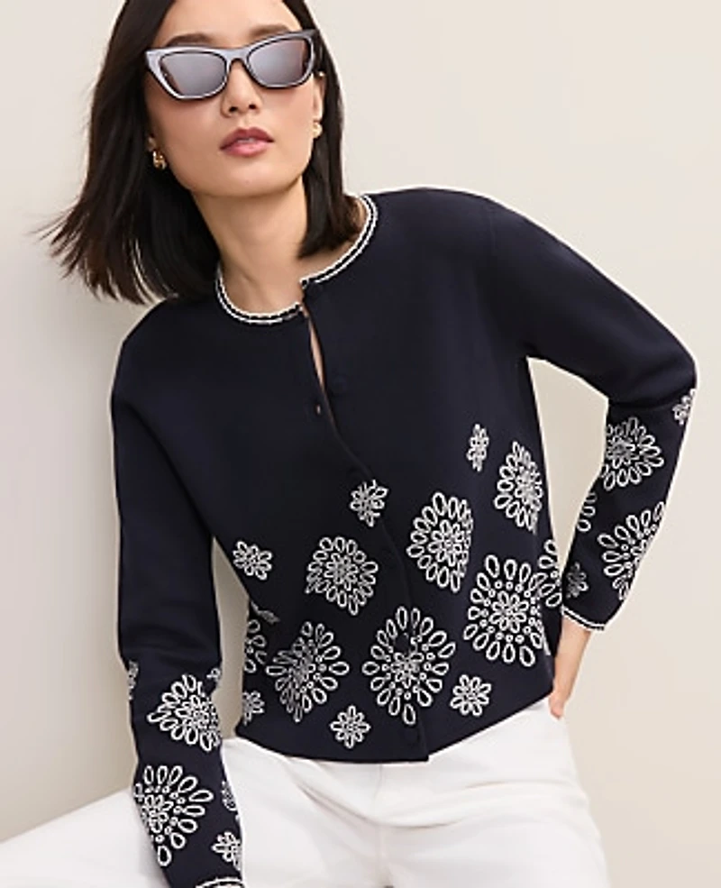 Ann Taylor Petite Embroidered Cardigan Night Sky Women's