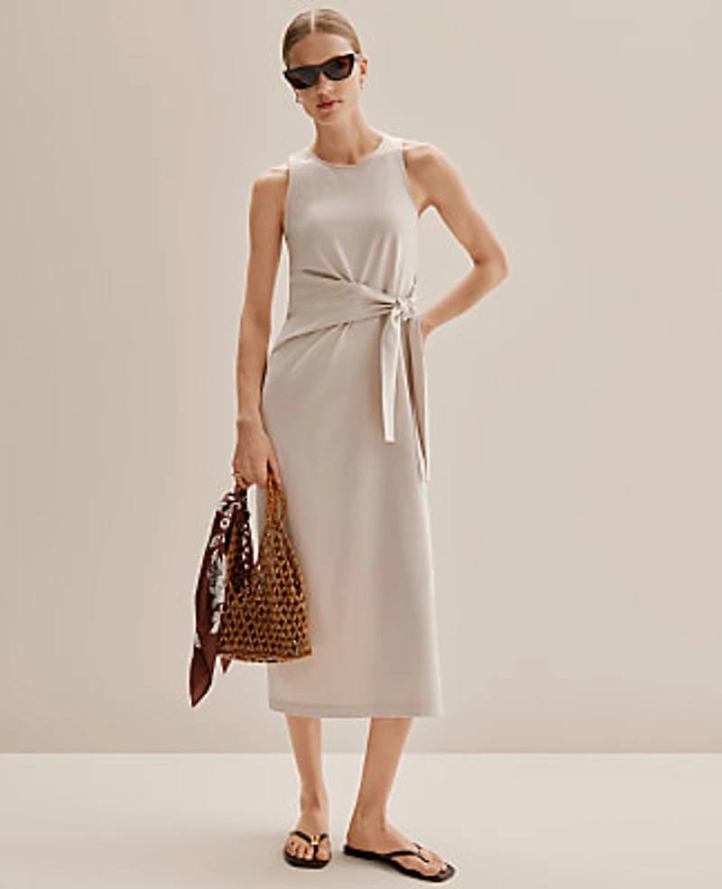 Ann Taylor Petite Weekend Tie Waist Midi Dress Size Large Sail Cloth Women's