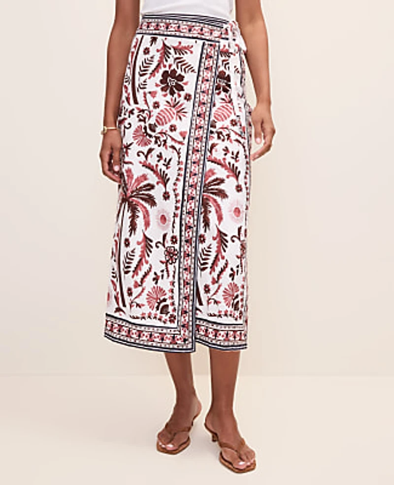 Ann Taylor Petite Weekend Palm Print Wrap Skirt Linen Blend Rich Walnut Women's