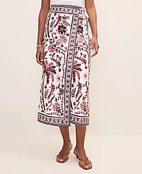 Ann Taylor Petite Weekend Palm Print Wrap Skirt Linen Blend Rich Walnut Women's