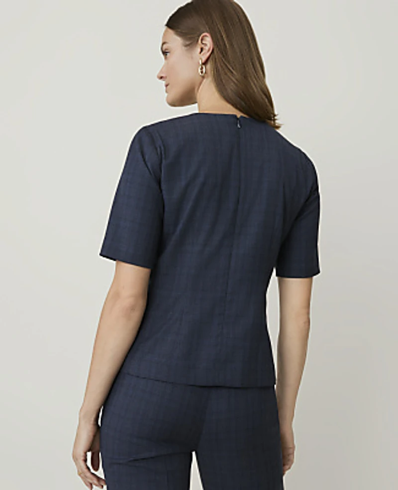 Ann Taylor Plaid Crew Neck Peplum Top Blue Combo Fancy Check Women's