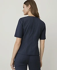 Ann Taylor Plaid Crew Neck Peplum Top Blue Combo Fancy Check Women's